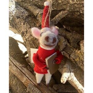 Silver Tree Ornament Donkey in Red Sweater with Book Felted Christmas NWT